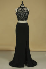 Load image into Gallery viewer, High Neck Two-Piece Spandex  Sheath With Beads And Applique Open Back Prom Dresses