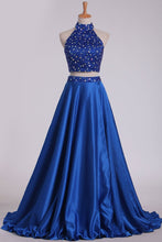 Load image into Gallery viewer, Two Pieces High Neck A Line Prom Dresses Beaded Bodice Satin Open Back