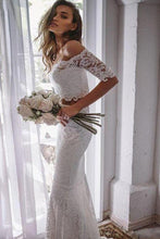 Load image into Gallery viewer, Two Pieces Ivory Lace Mermaid Off The Shoulder Wedding Dresses Beach Wedding SJSPY4YB198