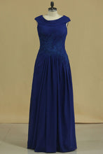 Load image into Gallery viewer, Dark Royal Blue A Line Cowl Neck Prom Dresses Chiffon With Applique And Beads