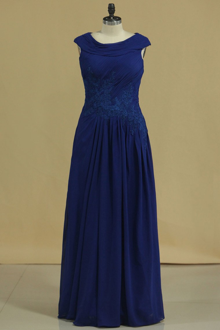 Dark Royal Blue A Line Cowl Neck Prom Dresses Chiffon With Applique And Beads
