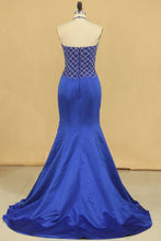 Load image into Gallery viewer, Dark Royal Blue Halter Mermaid Prom Dresses Beaded Bodice Satin Sweep Train