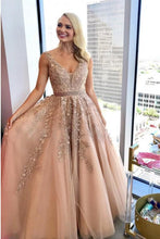 Load image into Gallery viewer, Charming A Line V Neck Beads Tulle Prom Dresses with Appliques, Floor Length Formal Dresses SJS15092