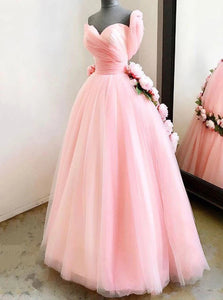 Charming Ball Gown Sweetheart Long Prom Dresses, Pink Sweet 16 Dress With Handmade Flowers SJS15094