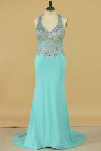 Load image into Gallery viewer, V Neck Beaded Bodice Sheath Sweep Train Spandex Prom Dresses