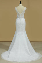 Load image into Gallery viewer, Scoop Cap Sleeves Mermaid Wedding Dresses Beaded Waistband Lace