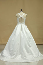 Load image into Gallery viewer, Open Back Scoop A Line Wedding Dresses Satin Sweep Train