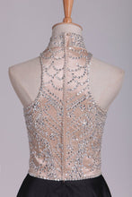Load image into Gallery viewer, Prom Dresses High Neck Beaded Bodice Satin A Line Floor Length