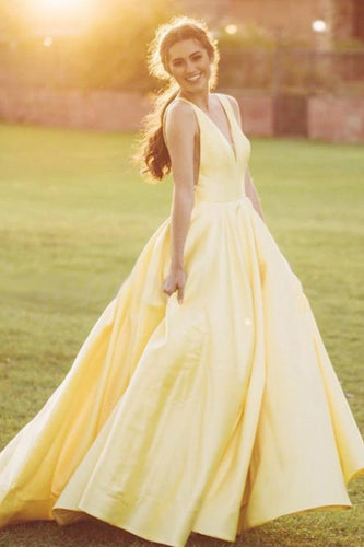 Yellow Sleeveless A Line Long Prom Dresses