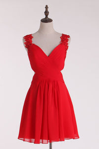 Red Straps Homecoming Dresses A-Line Chiffon With Applique & Ruffles