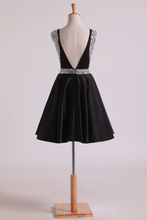 Load image into Gallery viewer, Bateau A Line Short/Mini Homecoming Dresses Satin With Beads