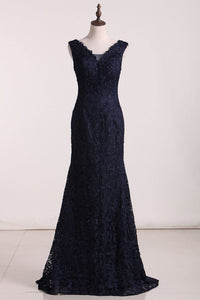 Evening Dresses V Neck With Beading Sweep Train Lace Open Back
