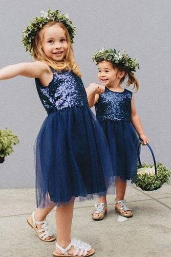 Vintage Navy Blue Sequins Flower Girls Dresses, Short Tulle Birthday Girl Dresses SJS15607