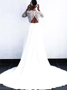 Charming White V Neck Long Sleeves Satin Wedding Dresses, Long Cheap Bridal Dresses SJS15507