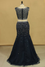 Load image into Gallery viewer, Two Pieces Scoop Mermaid Beaded Bodice Prom Dresses Floor Length Tulle