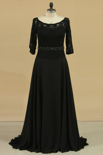Black Mother Of The Bride Dresses 3/4 Length Sleeve A Line Chiffon Lace Sweep Train