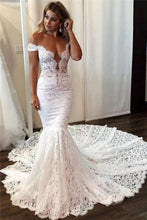 Load image into Gallery viewer, Sexy Off the Shoulder Lace Mermaid Ivory Wedding Dresses, Long Bridal Dresses SJS15344