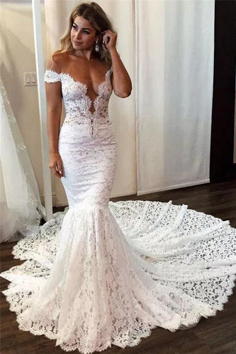 Sexy Off the Shoulder Lace Mermaid Ivory Wedding Dresses, Long Bridal Dresses SJS15344