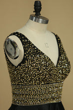 Load image into Gallery viewer, New Arrival A Line V Neck Prom Dresses Satin With Beads&amp;Rhinestones