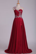 Load image into Gallery viewer, Chiffon One Shoulder With Beads And Ruffles A Line Prom Dress