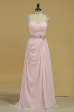 Load image into Gallery viewer, Chiffon Off The Shoulder A Line Prom Dresses With Ruffles And Beads