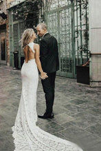 Load image into Gallery viewer, Charming Sheath Lace Bridal Gown with Slit Open Back Ivory Boho Wedding Dresses SJS15124