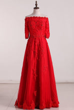 Load image into Gallery viewer, Boat Neck A Line Mid-Length Sleeves Prom Dresses With Applique