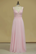 Load image into Gallery viewer, Straps Chiffon With Applique A Line Prom Dresses Sweep Train