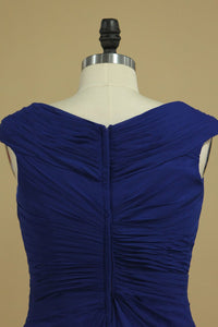 Dark Royal Blue A Line Cowl Neck Prom Dresses Chiffon With Applique And Beads