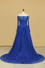 Load image into Gallery viewer, Prom Dresses Boat Neck Long Sleeves A Line Tulle With Beading Sweep Train