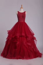 Load image into Gallery viewer, Tulle Ball Gown With Beading Prom Dresses Scoop Open Back