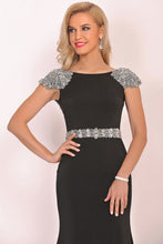 Load image into Gallery viewer, Prom Dresses Mermaid Scoop Short Sleeves Spandex With Beading