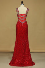 Load image into Gallery viewer, Sheath Straps Prom Dresses Sequins With Beads Floor Length