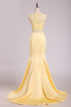 Load image into Gallery viewer, Two-Piece Bateau Mermaid With Beading Prom Dresses Satin &amp; Lace