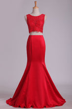 Load image into Gallery viewer, Bateau Prom Dresses Mermaid  Two Pieces Satin &amp; Lace With Beading