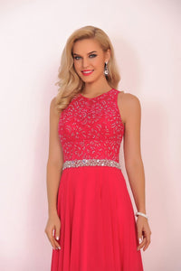 Open Back Scoop A Line Prom Dresses With Beading Chiffon