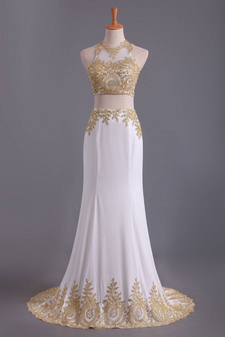 Two-Piece Scoop Mermaid Prom Dresses Chiffon With Gold Applique