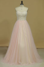 Load image into Gallery viewer, Prom Dresses Sweetheart Beaded Bodice A Line Tulle Sweep Train