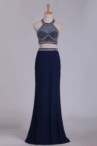 Prom Dresses Open Back Halter Two-Piece Sheath Spandex & Tulle With Beading