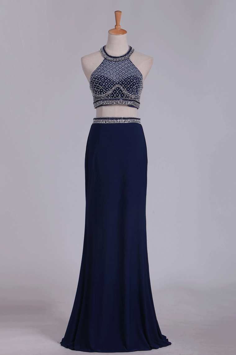 Prom Dresses Open Back Halter Two-Piece Sheath Spandex & Tulle With Beading