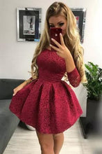 Load image into Gallery viewer, Cute Off the Shoulder Long Sleeves Burgundy Lace Homecoming Dresses Sweet 16 Dresses SJS14972