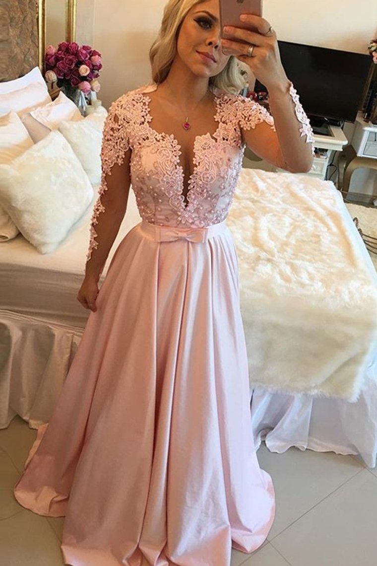 Long Sleeves Scoop Prom Dresses A Line Satin With Applique And Beads
