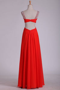 Straps Open Back Prom Dresses Sheath Chiffon With Beads And Ruffles