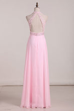 Load image into Gallery viewer, Sexy Open Back V Neck Chiffon With Applique A Line Prom Dresses