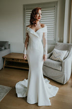 Load image into Gallery viewer, Charming Off the Shoulder Long Sleeves V Neck Mermaid Wedding Dresses, Bridal Dresses SJS15116