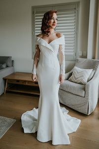 Charming Off the Shoulder Long Sleeves V Neck Mermaid Wedding Dresses, Bridal Dresses SJS15116