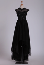 Load image into Gallery viewer, Black Prom Dresses Scoop Tulle With Beads &amp; Applique Asymmetrical
