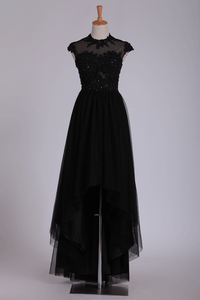 Black Prom Dresses Scoop Tulle With Beads & Applique Asymmetrical