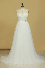 Load image into Gallery viewer, Sexy Open Back A Line Wedding Dresses Spaghetti Straps Tulle With Applique And Sash