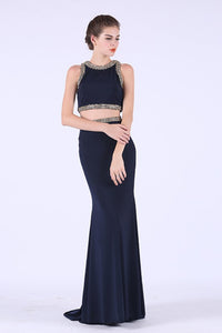 Two-Piece Scoop Spandex With Beading Mermaid Prom Dresses